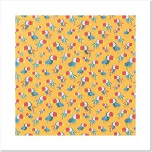 Toucans on a yellow background. Tropical bird pattern. Posters and Art